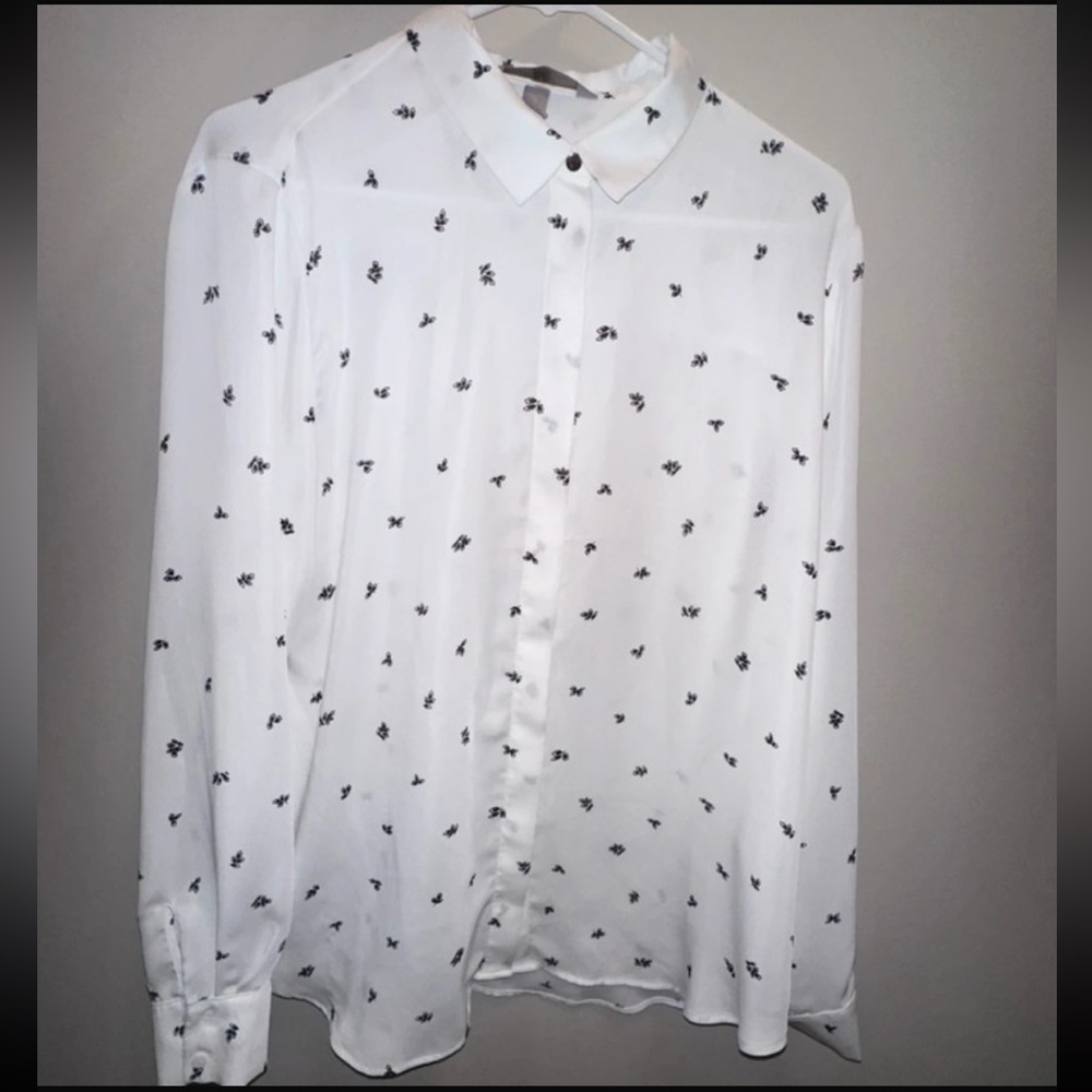 White and Black Button Down Shirt with Pattern